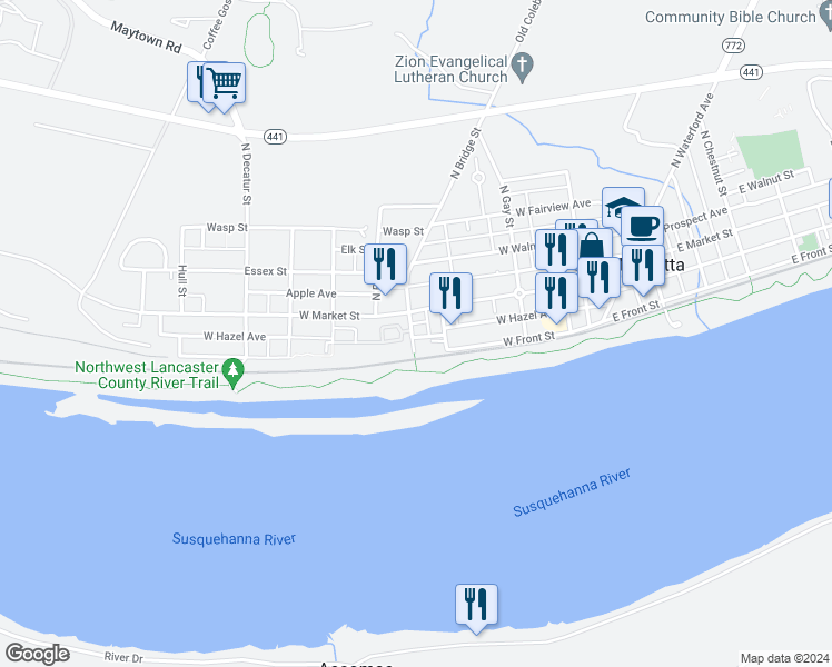 map of restaurants, bars, coffee shops, grocery stores, and more near 17 South Bridge Street in Marietta