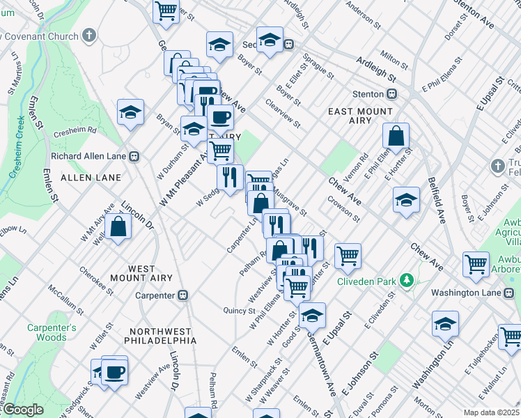 map of restaurants, bars, coffee shops, grocery stores, and more near 10 Carpenter Lane in Philadelphia