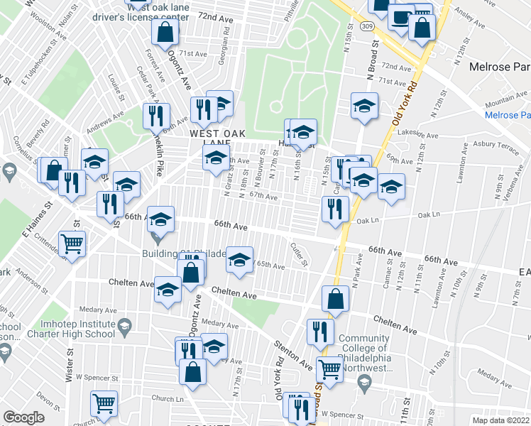 map of restaurants, bars, coffee shops, grocery stores, and more near North 17th Street in Philadelphia