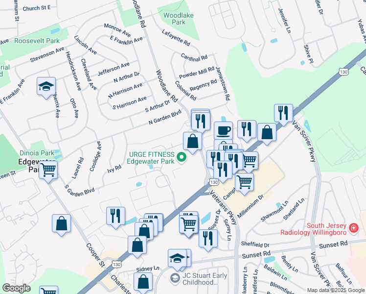map of restaurants, bars, coffee shops, grocery stores, and more near 28 Spring Lane in Edgewater Park
