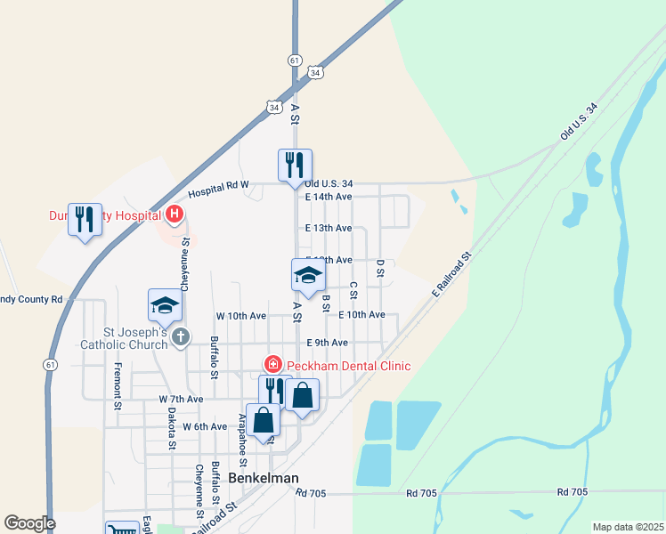 map of restaurants, bars, coffee shops, grocery stores, and more near 1101-1199 B Street in Benkelman