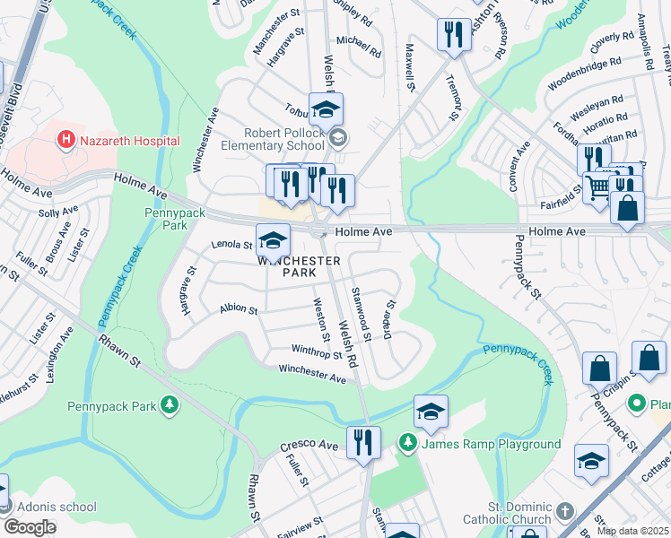 map of restaurants, bars, coffee shops, grocery stores, and more near 3019 Welsh Road in Philadelphia
