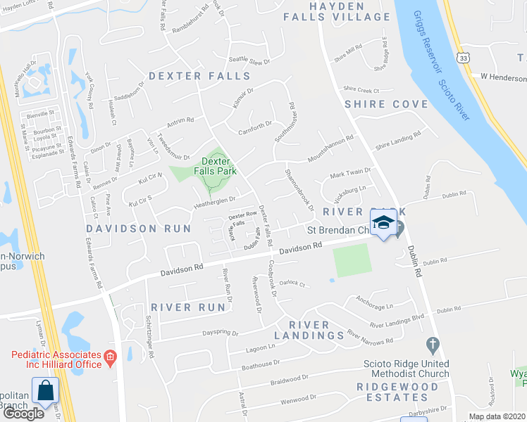 map of restaurants, bars, coffee shops, grocery stores, and more near Dexter Falls Rd & Dexter Row in Columbus