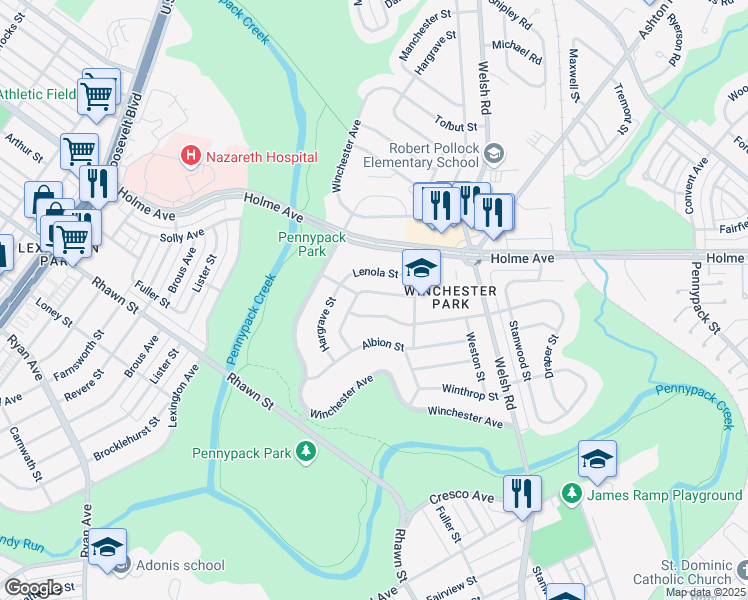 map of restaurants, bars, coffee shops, grocery stores, and more near 8017 Narvon Street in Philadelphia