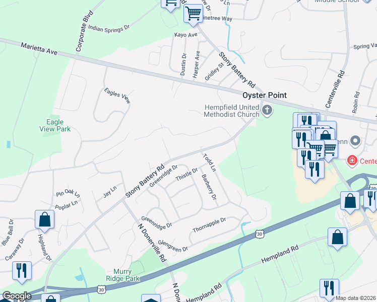 map of restaurants, bars, coffee shops, grocery stores, and more near 3150 Greenridge Drive in Lancaster