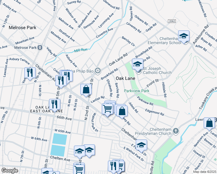 map of restaurants, bars, coffee shops, grocery stores, and more near 7440 Elizabeth Road in Melrose Park