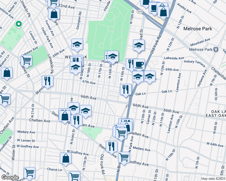 map of restaurants, bars, coffee shops, grocery stores, and more near 1529 Kinsdale Street in Philadelphia