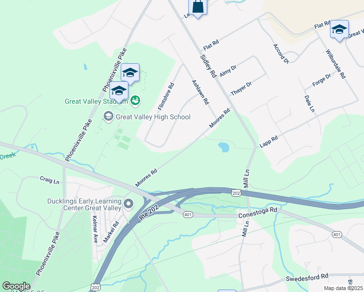 map of restaurants, bars, coffee shops, grocery stores, and more near 19 Moores Road in Malvern
