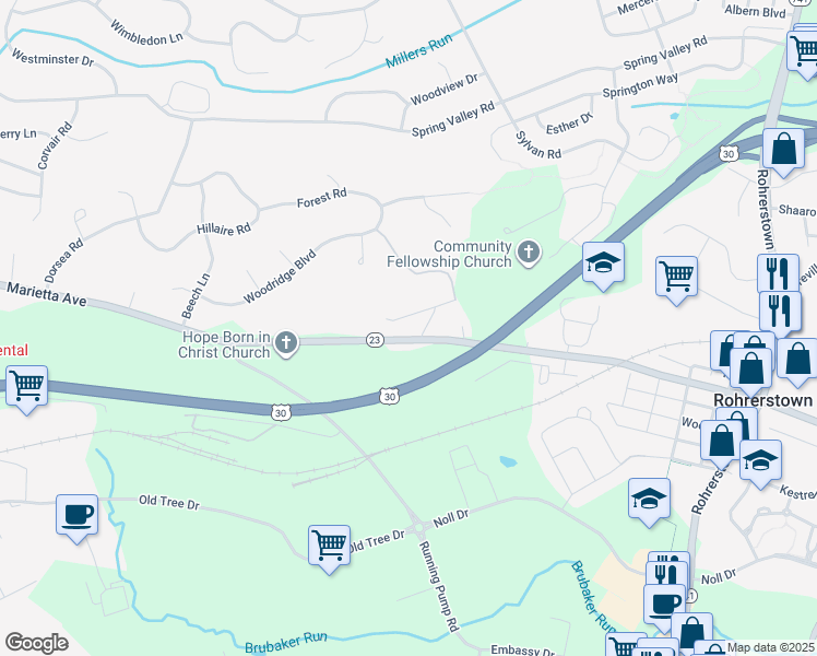 map of restaurants, bars, coffee shops, grocery stores, and more near 2529 Marietta Avenue in Lancaster