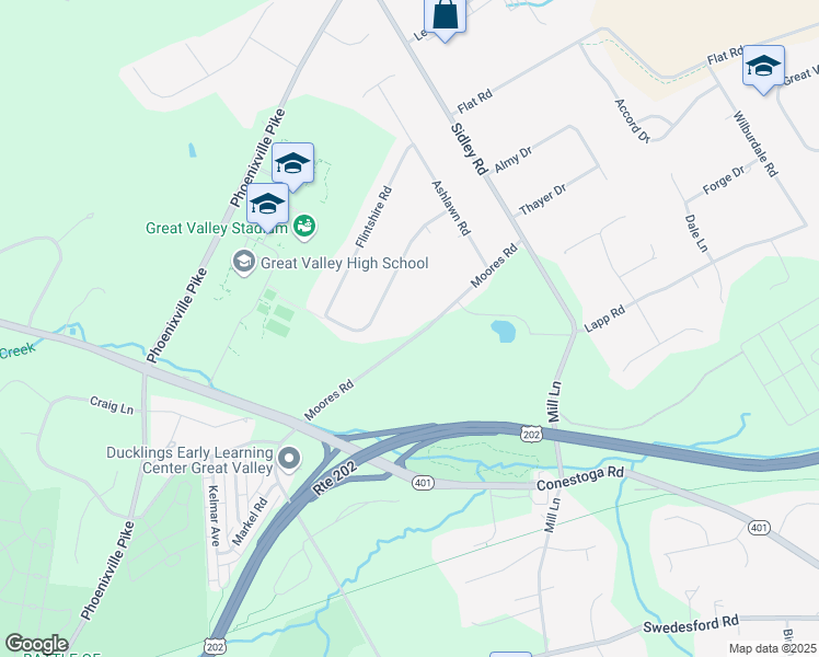 map of restaurants, bars, coffee shops, grocery stores, and more near 19 Moores Road in Malvern