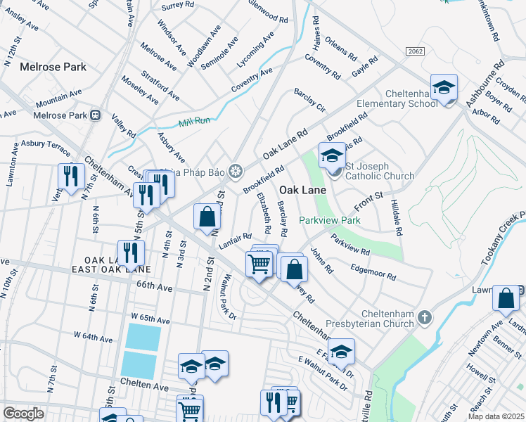 map of restaurants, bars, coffee shops, grocery stores, and more near 7440 Elizabeth Road in Melrose Park
