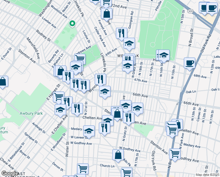 map of restaurants, bars, coffee shops, grocery stores, and more near 6607 North Opal Street in Philadelphia