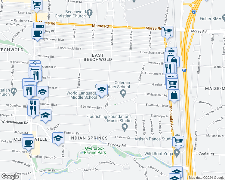 map of restaurants, bars, coffee shops, grocery stores, and more near 418 East Weisheimer Road in Columbus