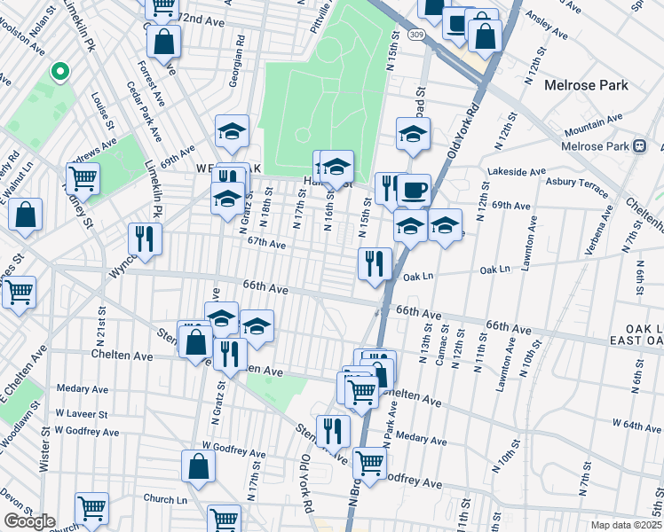 map of restaurants, bars, coffee shops, grocery stores, and more near 1535 Kinsdale Street in Philadelphia