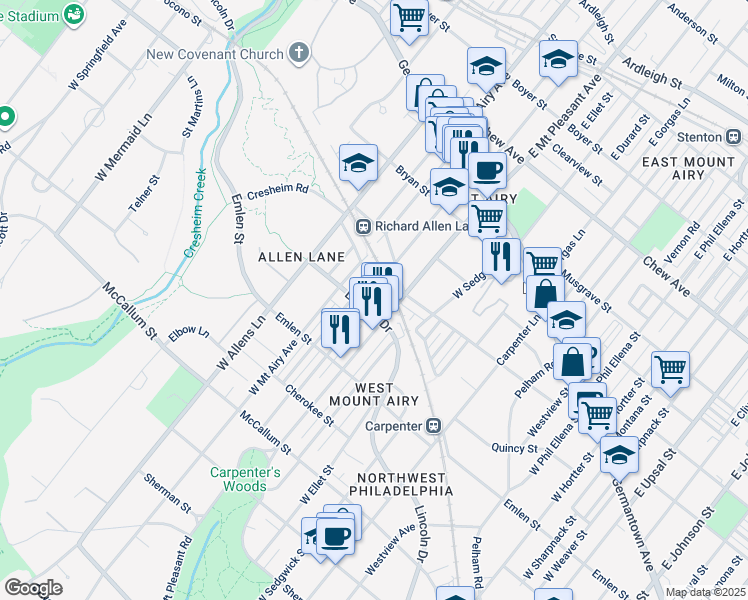 map of restaurants, bars, coffee shops, grocery stores, and more near 7121 Lincoln Drive in Philadelphia