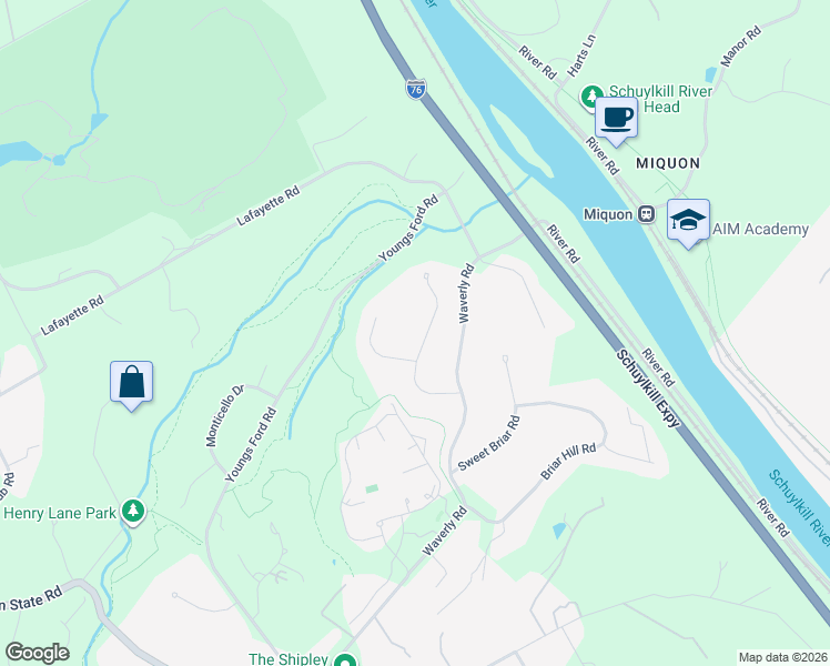 map of restaurants, bars, coffee shops, grocery stores, and more near 1701 Riverview Road in Gladwyne