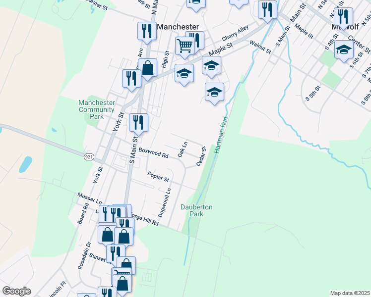map of restaurants, bars, coffee shops, grocery stores, and more near 9 Spruce Lane in Manchester