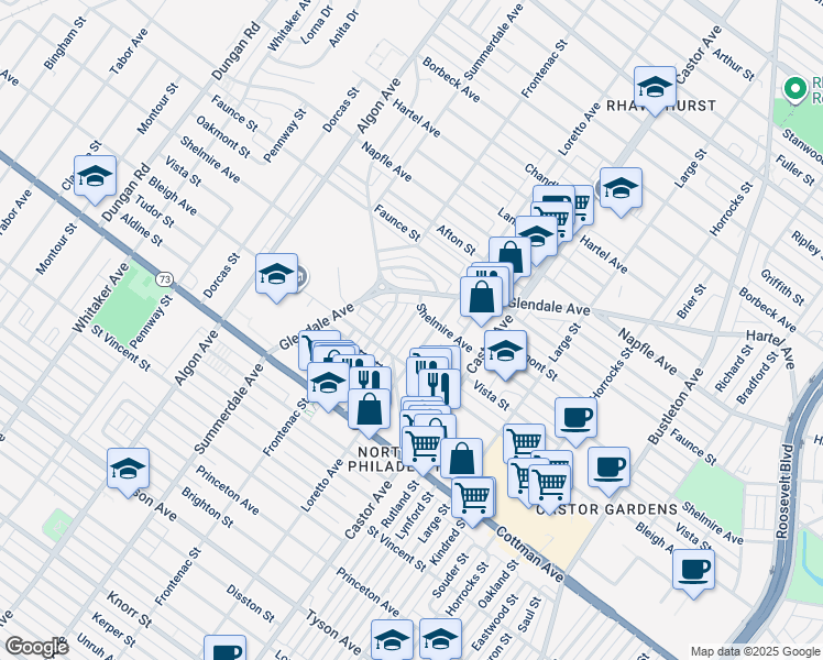 map of restaurants, bars, coffee shops, grocery stores, and more near 7423 Belden Street in Philadelphia