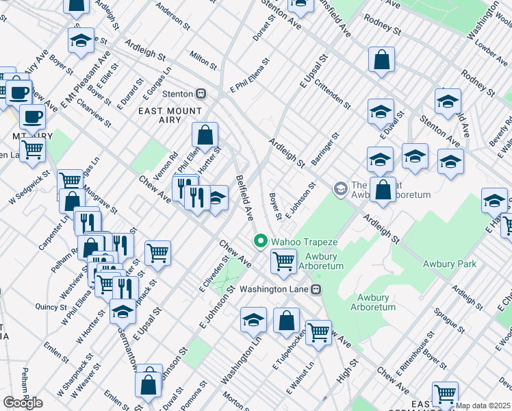 map of restaurants, bars, coffee shops, grocery stores, and more near 6479 Belfield Avenue in Philadelphia