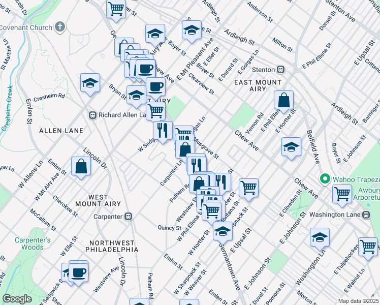 map of restaurants, bars, coffee shops, grocery stores, and more near 43 Meehan Avenue in Philadelphia