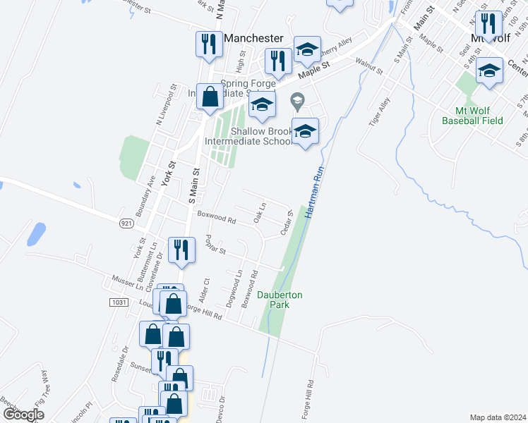 map of restaurants, bars, coffee shops, grocery stores, and more near 24 Cedar Street in Manchester