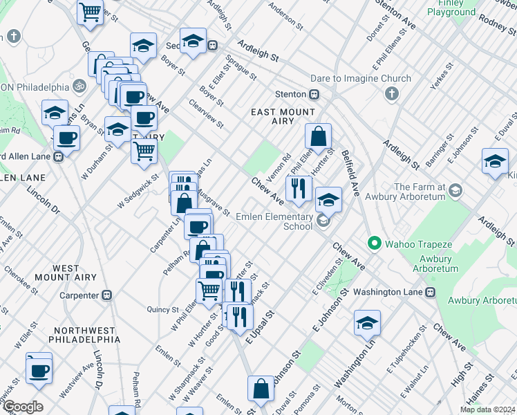 map of restaurants, bars, coffee shops, grocery stores, and more near 242 Garrett Street in Philadelphia