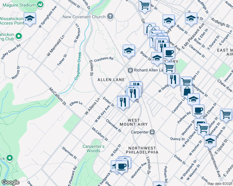 map of restaurants, bars, coffee shops, grocery stores, and more near 327 West Mount Airy Avenue in Philadelphia