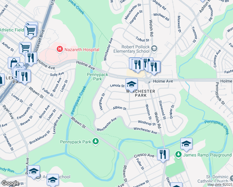 map of restaurants, bars, coffee shops, grocery stores, and more near 8017 Narvon Street in Philadelphia