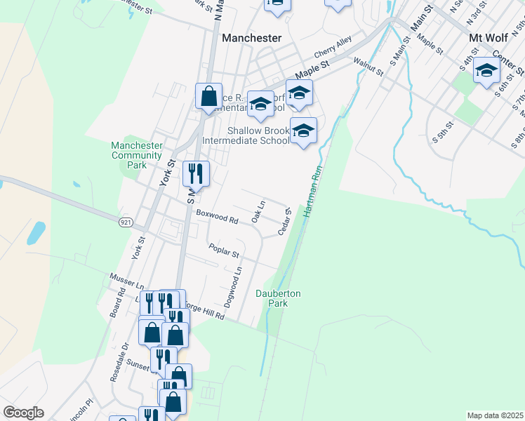 map of restaurants, bars, coffee shops, grocery stores, and more near 9 Spruce Lane in Manchester