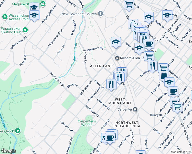 map of restaurants, bars, coffee shops, grocery stores, and more near 350 West Allens Lane in Philadelphia