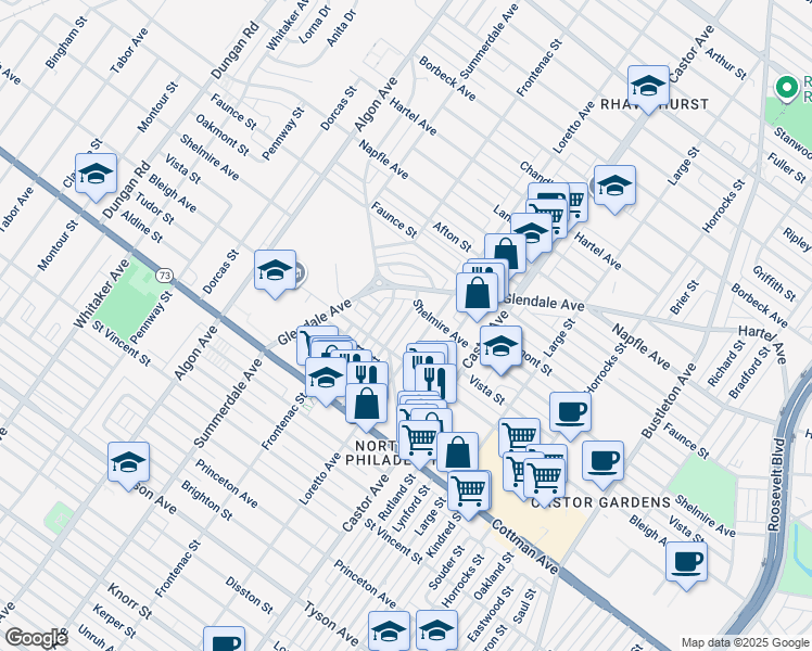 map of restaurants, bars, coffee shops, grocery stores, and more near 7423 Belden Street in Philadelphia