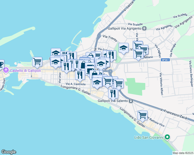 map of restaurants, bars, coffee shops, grocery stores, and more near 22 Via Foggia in Gallipoli