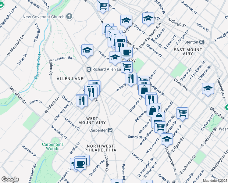 map of restaurants, bars, coffee shops, grocery stores, and more near 133 West Sedgwick Street in Philadelphia