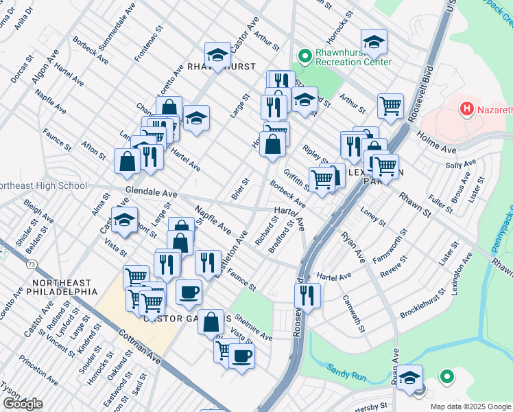 map of restaurants, bars, coffee shops, grocery stores, and more near 2300 Hartel Avenue in Philadelphia