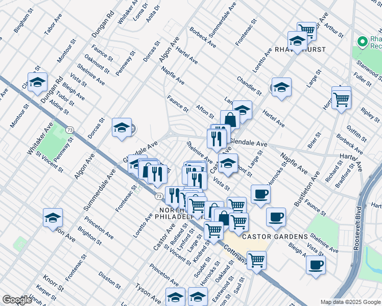 map of restaurants, bars, coffee shops, grocery stores, and more near 7406 Loretto Avenue in Philadelphia