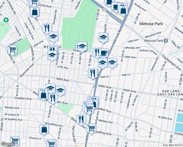 map of restaurants, bars, coffee shops, grocery stores, and more near 1499 66th Avenue in Philadelphia