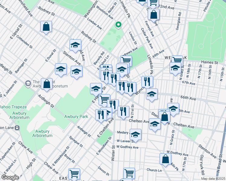 map of restaurants, bars, coffee shops, grocery stores, and more near 1383 East Rittenhouse Street in Philadelphia