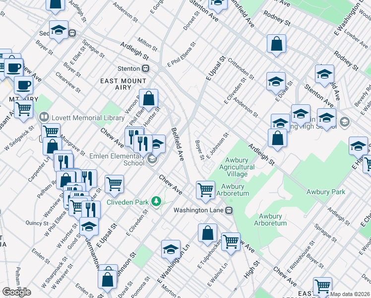 map of restaurants, bars, coffee shops, grocery stores, and more near 6455 Belfield Avenue in Philadelphia