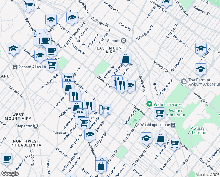 map of restaurants, bars, coffee shops, grocery stores, and more near 6668 Chew Avenue in Philadelphia