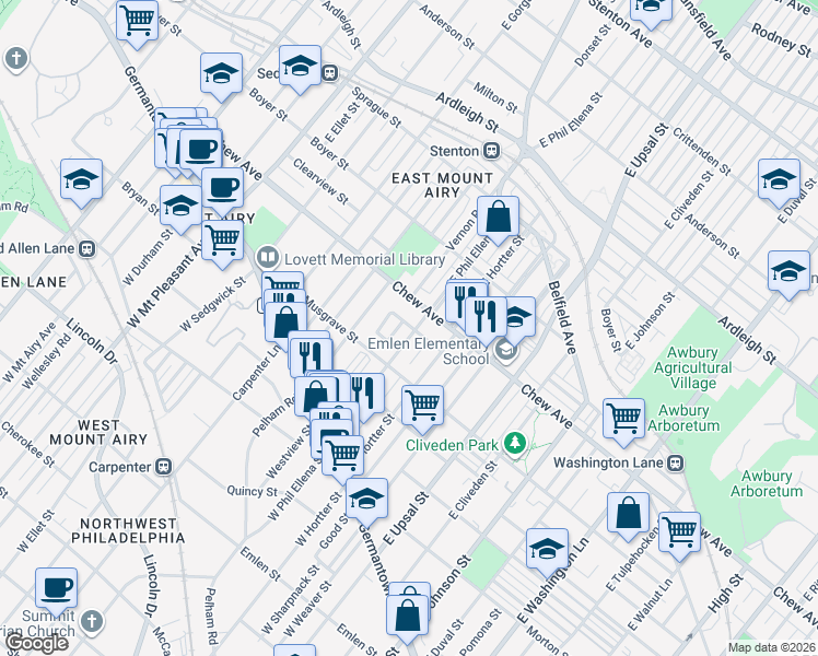 map of restaurants, bars, coffee shops, grocery stores, and more near 246 East Springer Street in Philadelphia