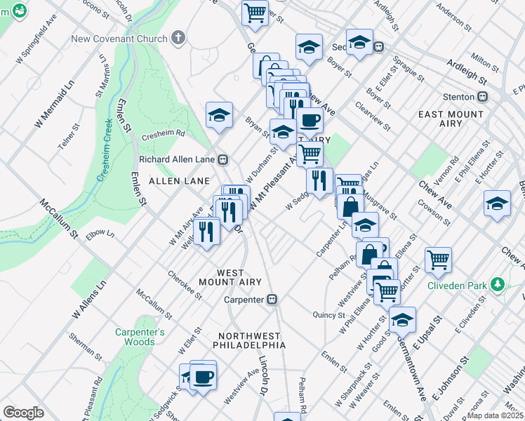 map of restaurants, bars, coffee shops, grocery stores, and more near 7000 Cresheim Road in Philadelphia