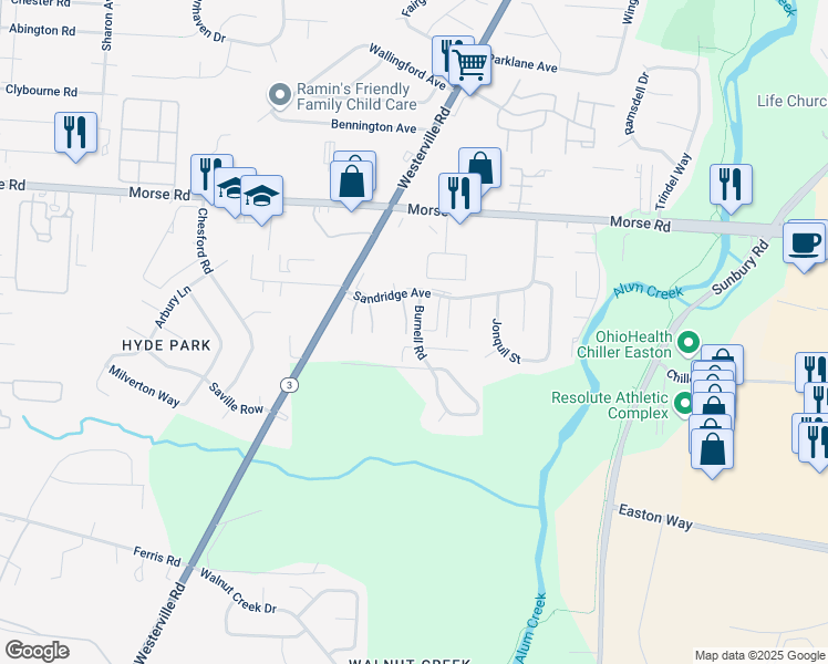 map of restaurants, bars, coffee shops, grocery stores, and more near 4113 Burnell Road in Columbus