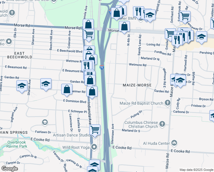 map of restaurants, bars, coffee shops, grocery stores, and more near 829 Garden Road in Columbus