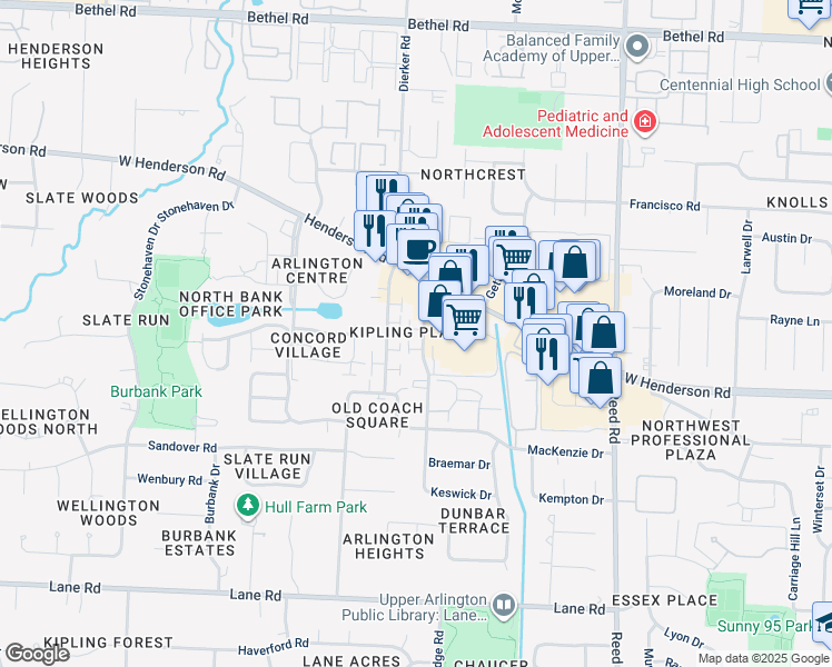 map of restaurants, bars, coffee shops, grocery stores, and more near 4811 Nugent Drive in Columbus
