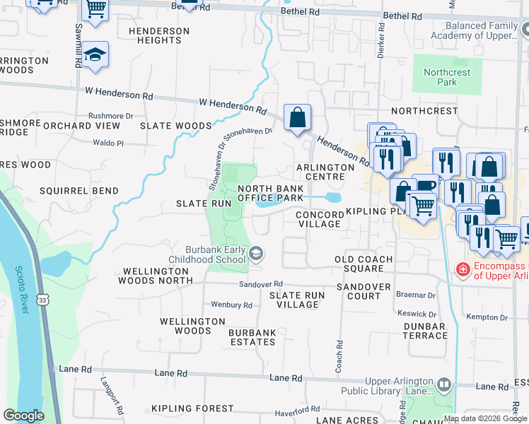 map of restaurants, bars, coffee shops, grocery stores, and more near 4875 Mannboro Drive in Columbus