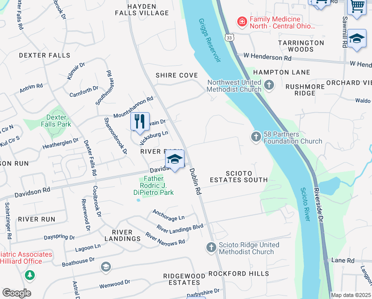 map of restaurants, bars, coffee shops, grocery stores, and more near 3395 Saint Charles Lane in Hilliard