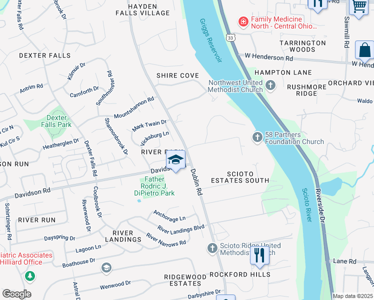 map of restaurants, bars, coffee shops, grocery stores, and more near 3395 Saint Charles Lane in Hilliard