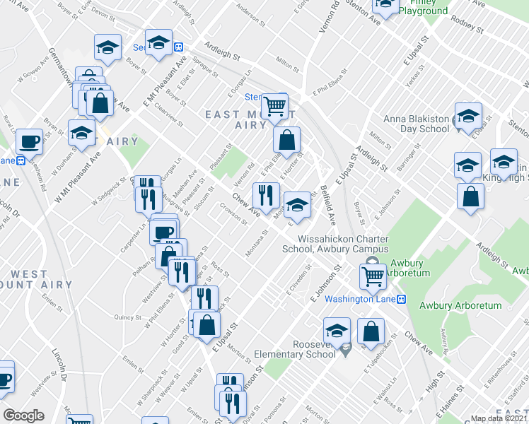 map of restaurants, bars, coffee shops, grocery stores, and more near 6639 Chew Avenue in Philadelphia