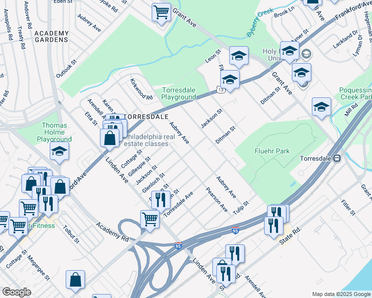 map of restaurants, bars, coffee shops, grocery stores, and more near 4508 Aubrey Avenue in Philadelphia