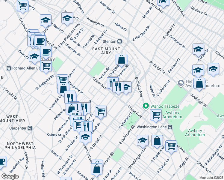 map of restaurants, bars, coffee shops, grocery stores, and more near 6639 Chew Avenue in Philadelphia